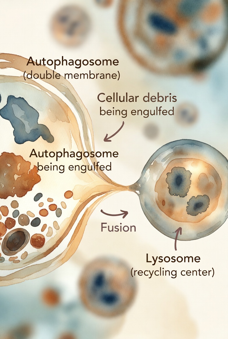 Simple artistic diagram showing an autophagosome (double-membrane bubble) engulfing cellular debris and fusing with a lysosome during autophagy 