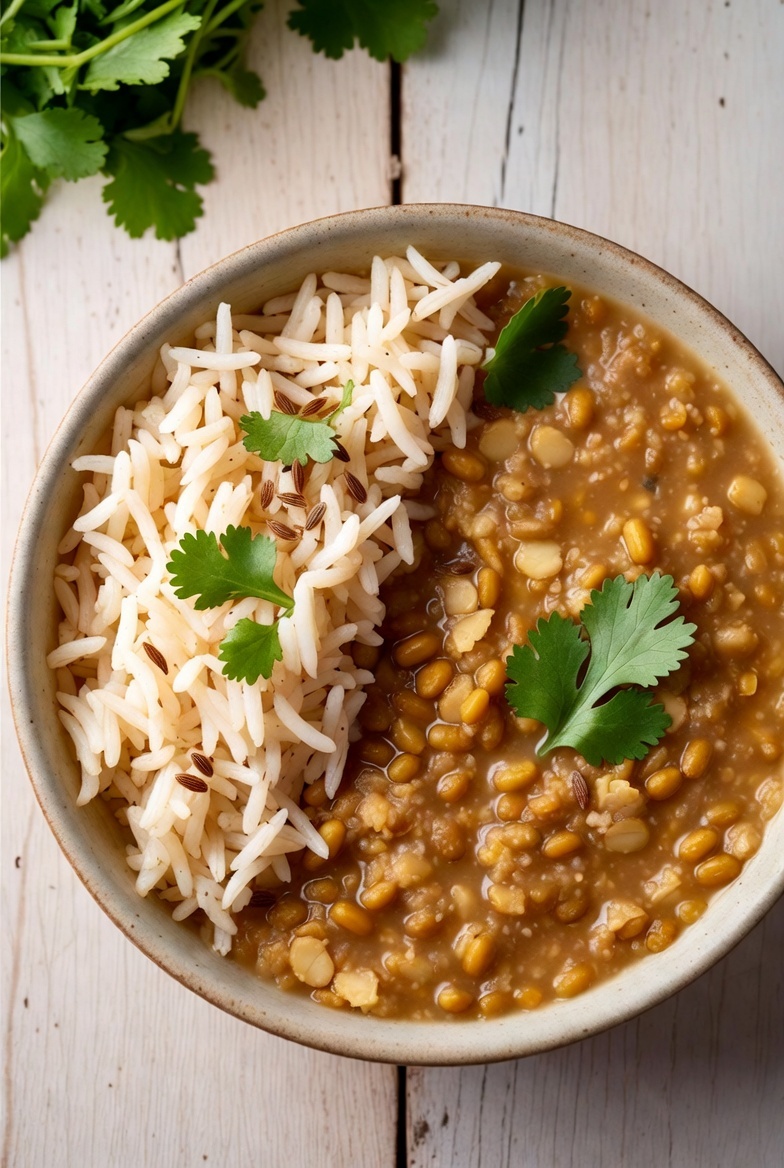 Classic golden split mung dal and basmati rice kitchari bowl &mdash; a gentle, nourishing Ayurvedic mono-diet meal.