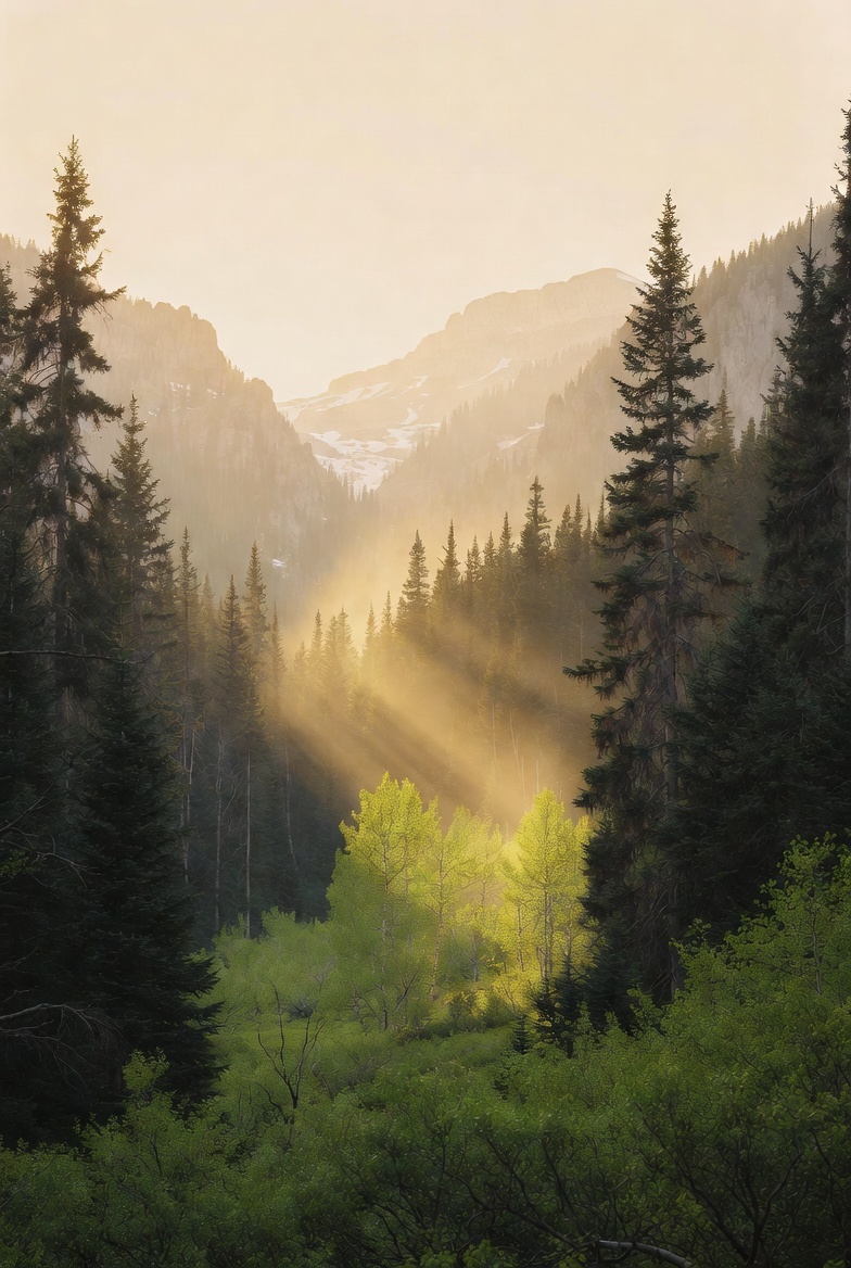 Image Description: Serene spring morning in the San Juan Mountains near Durango, Colorado &mdash; soft golden light filtering through pine forest with distant peaks, inviting natural renewal 