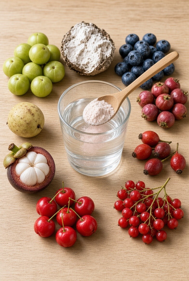 A spoonful of deep-red SuperFruit C powder being stirred into a glass of water beside a scattering of fresh berries and dried fruit. 