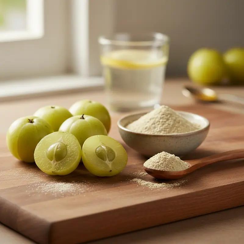 Amla powder being stirred into a bright smoothie beside whole amla fruits. 