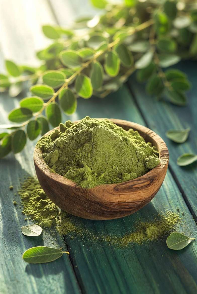 Moringa powder in a wooden bowl with fresh leaves and spoon in warm natural light Moringa leaf powder—easy to add to smoothies, yogurt, or warm water for daily nourishment
