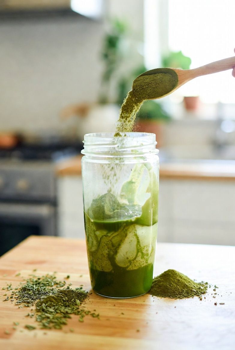 SupraGreens powder containing Moringa being added to a smoothie or shaker bottle in a kitchen setting Simple daily integration of moringa powder supports consistent nourishment