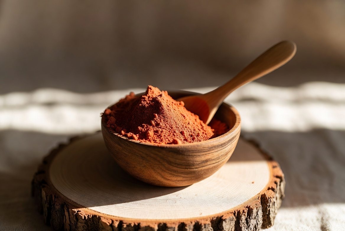 Small wooden bowl filled with vibrant camu camu powder and a wooden spoon resting on a natural surface with soft lighting. A small amount of camu camu powder delivers concentrated nutrition that integrates easily into daily meals and rituals.