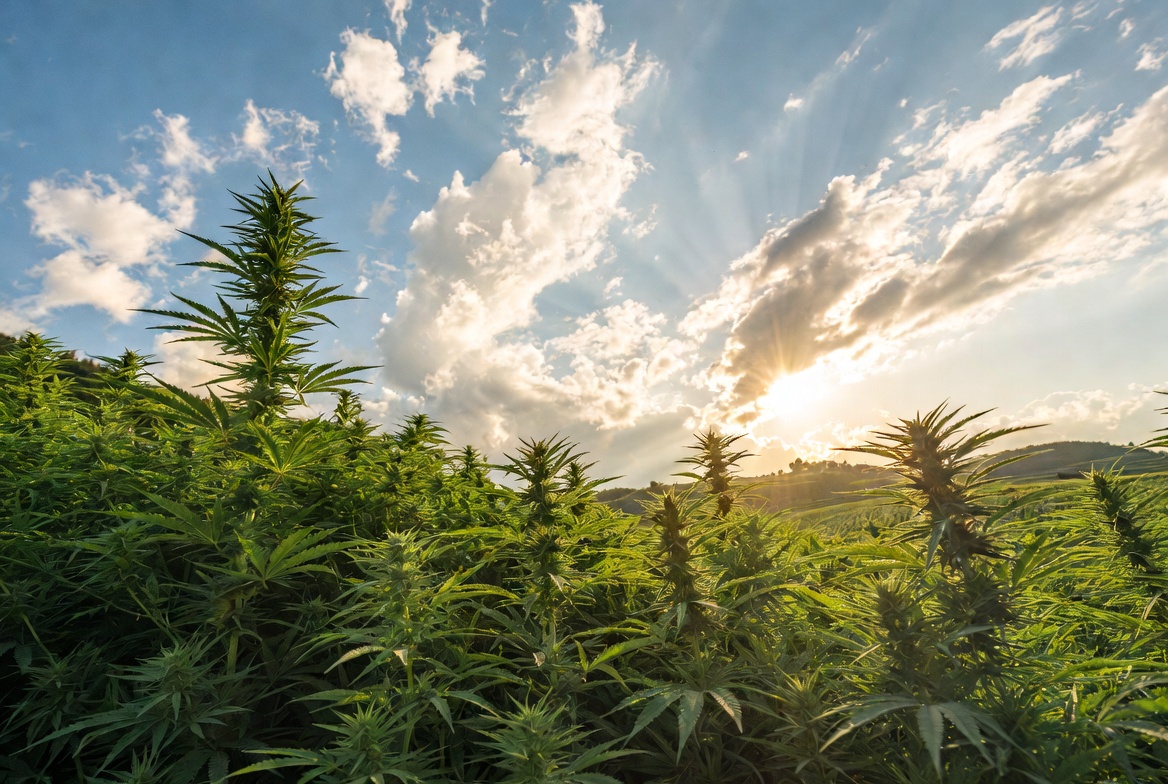 A green hemp  field growing under an open sky. 