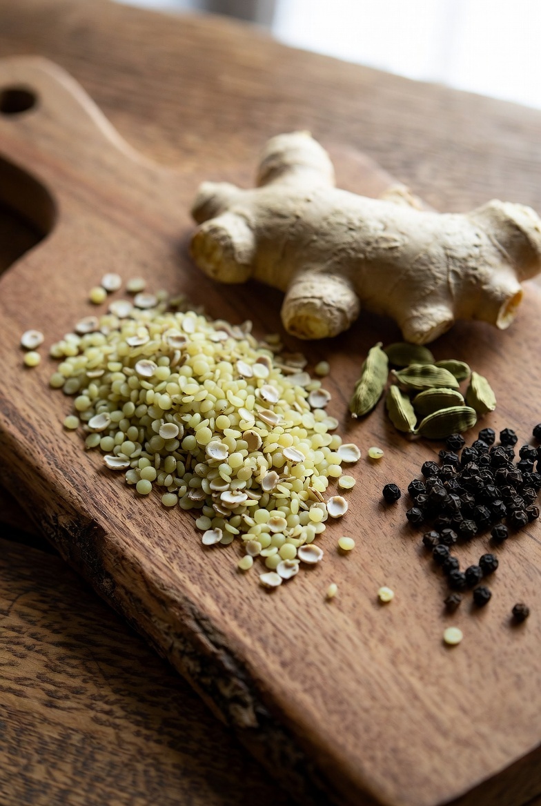 Hemp seeds beside warming spices &mdash; ginger, cardamom, and black pepper &mdash; on a wooden board.
