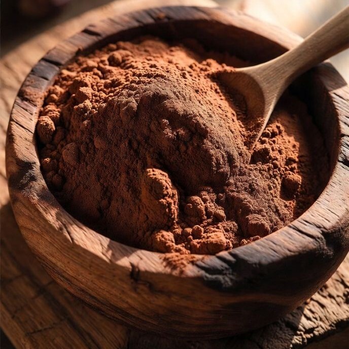 Close-up of rich, earthy raw cacao powder in a wooden bowl, evoking natural nourishment and grounded wellness.   