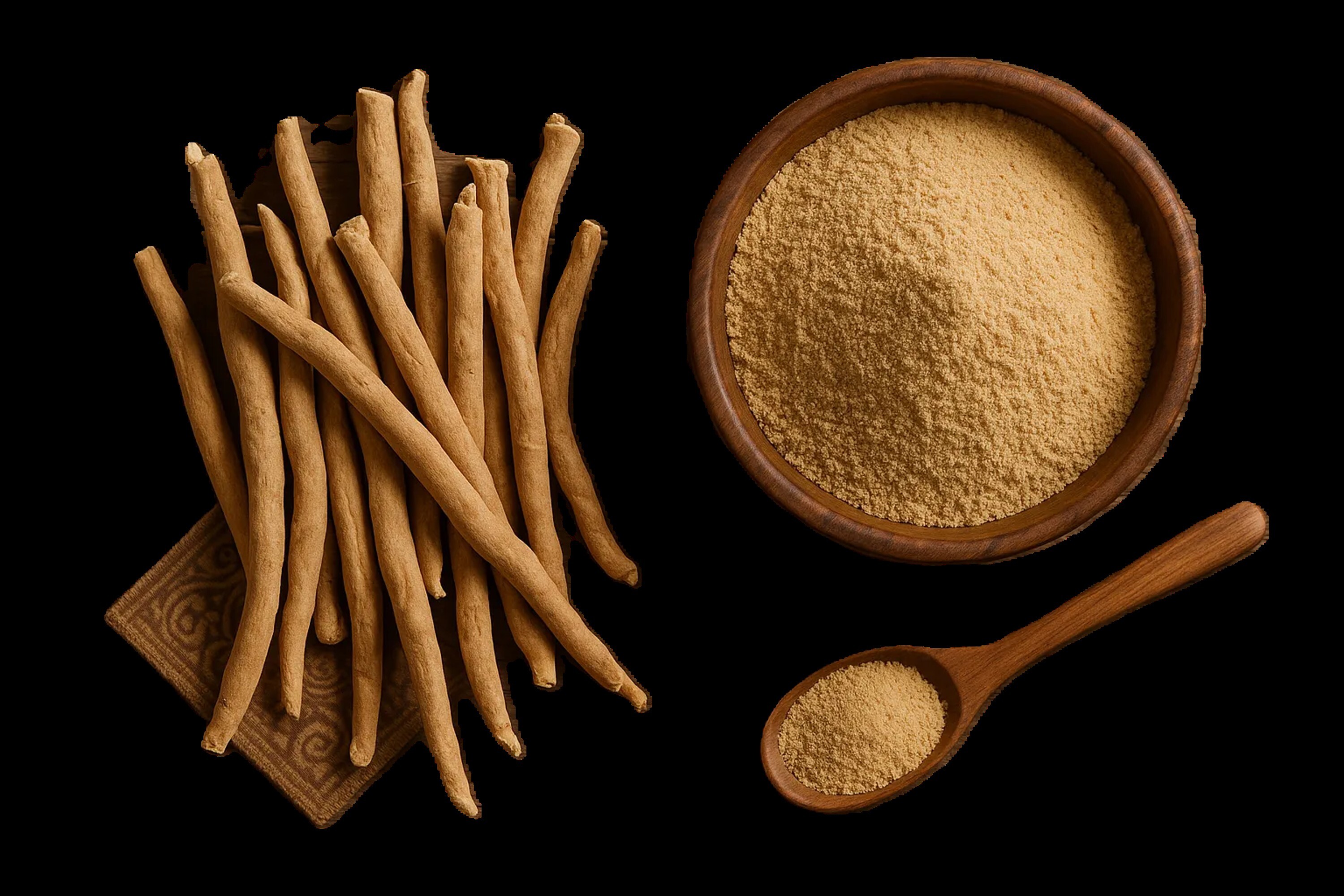 Ashwagandha — a humble root at the heart of Ayurveda’s oldest rejuvenative traditions. Whole dried ashwagandha roots, pale tan and slightly gnarled, arranged beside a small bowl of fine ashwagandha powder on a warm neutral background.