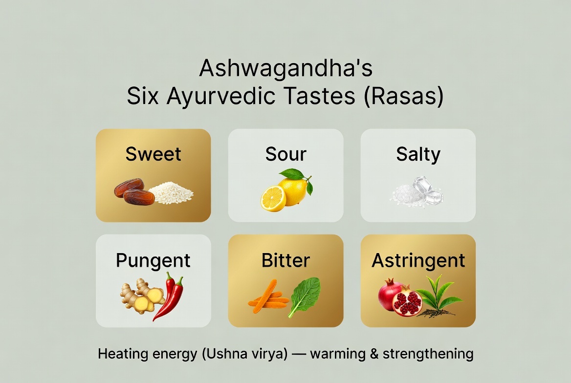 Bitter, astringent, sweet, and warming — ashwagandha’s energetics are those of a grounding, strengthening root. An illustrated grid of the six Ayurvedic tastes with their Sanskrit names; bitter, astringent, and sweet are highlighted as the tastes present in ashwagandha, and heating energy is noted.